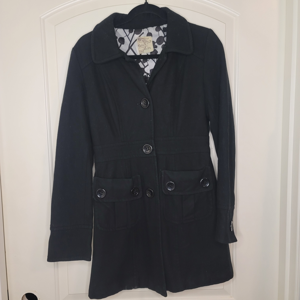 Classic Style Anthropologie Black Wool Button-Up Trench Coat